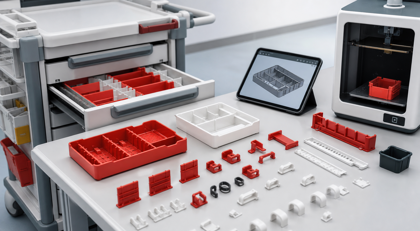 Custom red and white 3D printed trolley inserts, dividers, brackets and a 3D printer