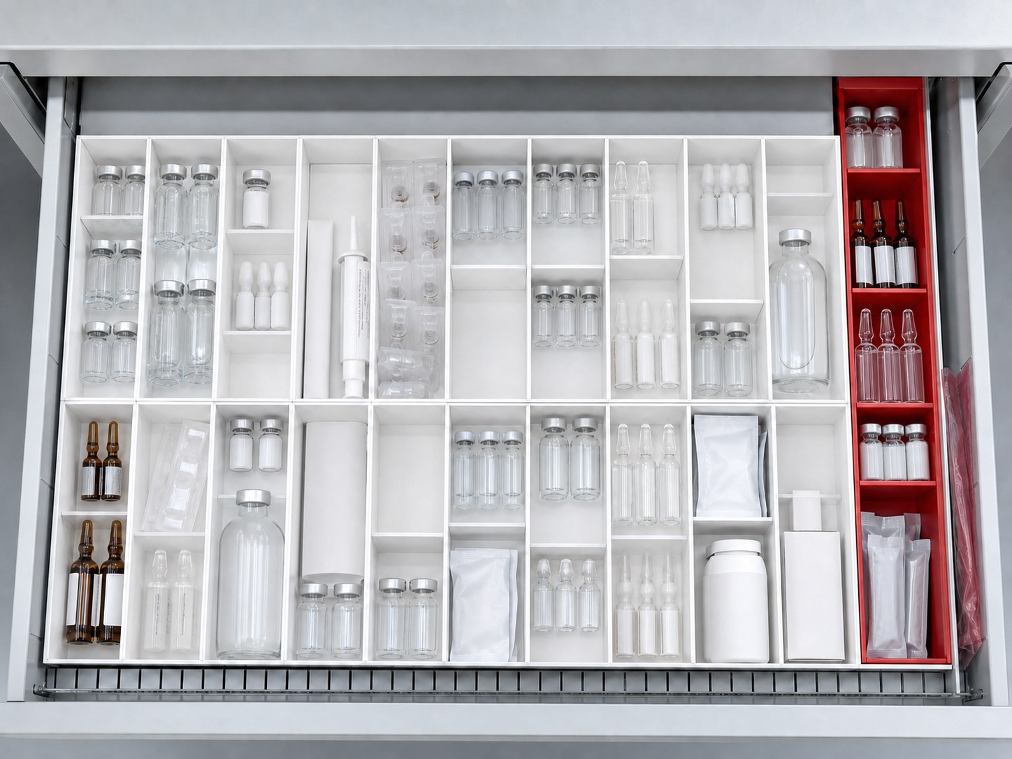 Open medical trolley drawer with white modular tubs and red medication tubs