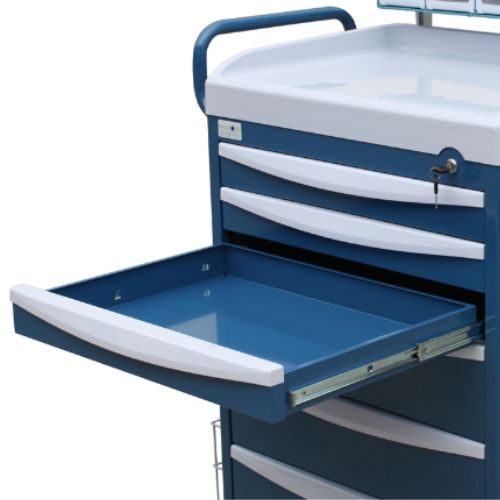 Anaesthetic cart drawer open with organised contents