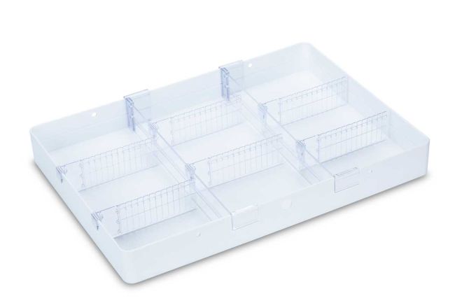 White medication tray with transparent dividers