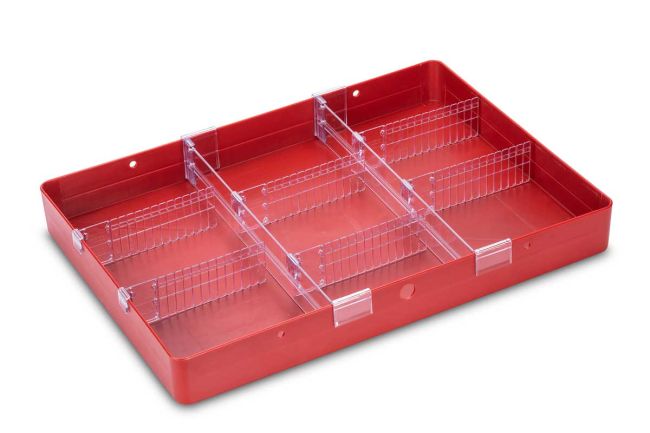 Red medication tray with adjustable dividers